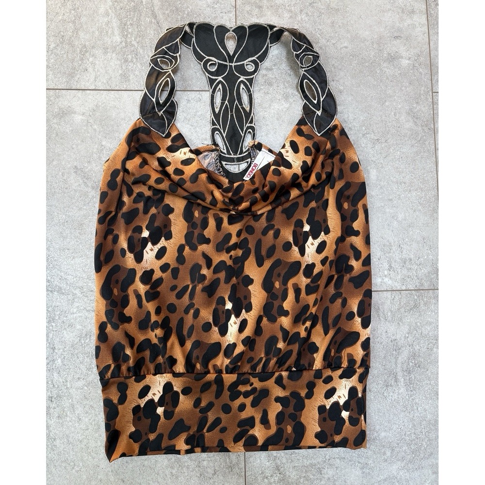 Y2K Bongo Leopard Print Halter Top Cowl Neck Satin Tank Women's M Mob Wife Rave